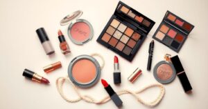 Stylish flat lay of beauty products with pastel colour scheme, conveying elegance and luxury appeal.