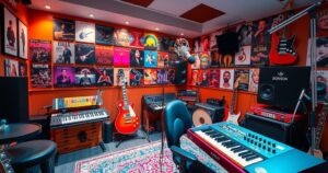 Brightly decorated music studio with various musical instruments and sound equipment, representing creative ownership.