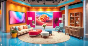 A serene-style television set with bright colours, highlighting a talk show environment without people.