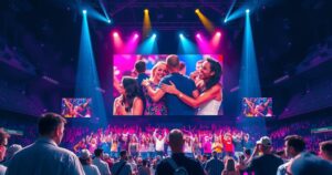 A vibrant concert scene showcasing a large Jumbotron displaying couples and fans sharing candid moments.
