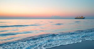 Serene oceanfront view at dusk with calming waves and soft pastel colours, evoking a sense of tranquility and beauty.