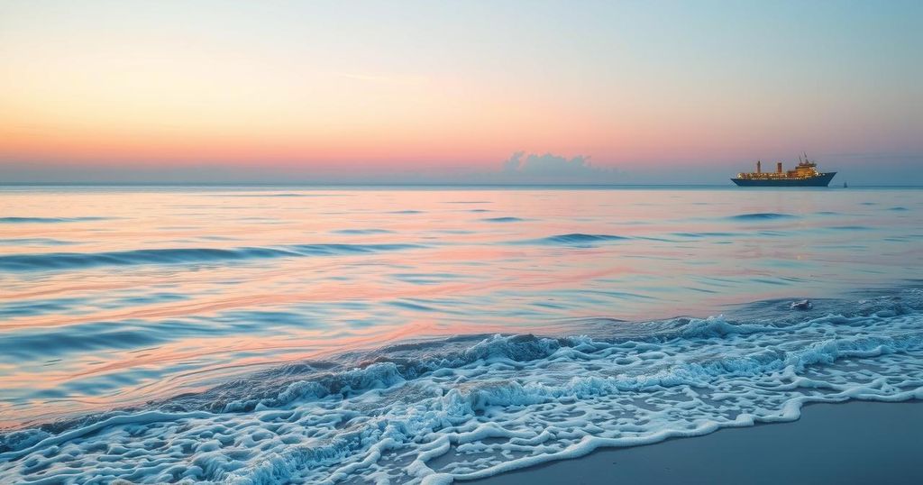 Serene oceanfront view at dusk with calming waves and soft pastel colours, evoking a sense of tranquility and beauty.