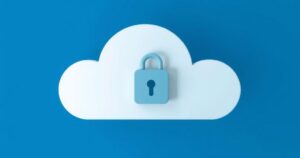 A digital cloud with a lock symbol, illustrating online security and privacy for data storage against hacking.