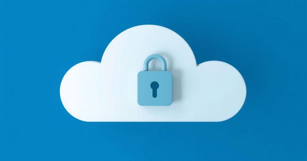 A digital cloud with a lock symbol, illustrating online security and privacy for data storage against hacking.