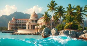 Luxurious travel scenes with upscale accommodations and exotic destinations, reflecting lavish vacations of celebrities.