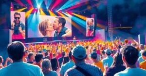 A Coldplay concert with a vibrant crowd, iconic stage, and a large screen displaying a Kiss Cam moment.