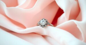 A stylish engagement ring resting on a soft fabric surface, adorned with delicate floral elements and elegant lighting.
