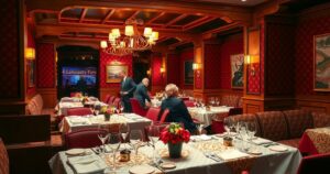 A vibrant restaurant scene featuring colourful decor, tables with elegant settings, and a lively atmosphere.