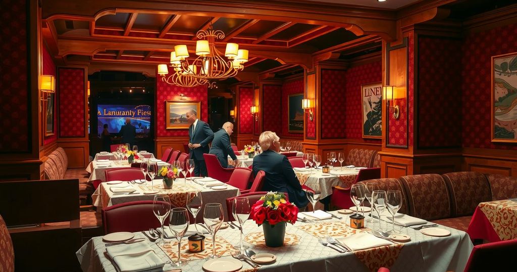 A vibrant restaurant scene featuring colourful decor, tables with elegant settings, and a lively atmosphere.