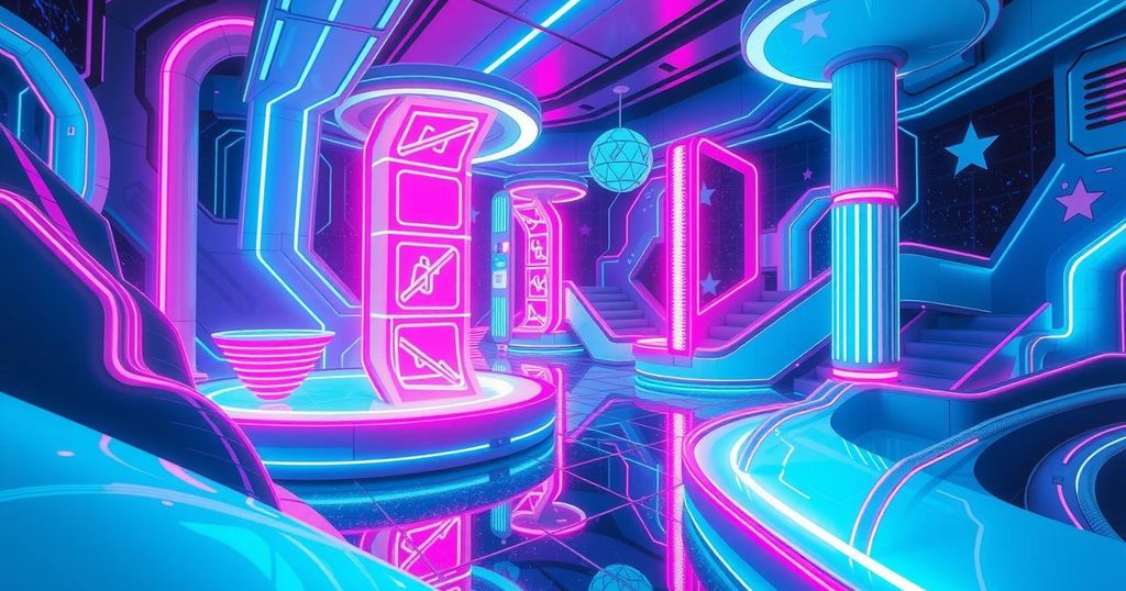 Dramatic movie scene set in a futuristic digital landscape with glowing light cycles and neon colours.