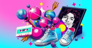 A vibrant collage of iconic 80s pop culture references symbolising celebrity scandals.