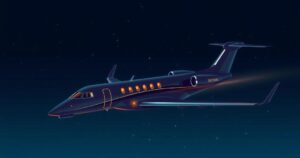 A dramatic silhouette of a private jet against a night sky, reflecting luxury and intrigue.