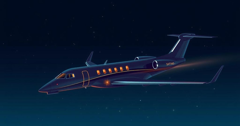 A dramatic silhouette of a private jet against a night sky, reflecting luxury and intrigue.