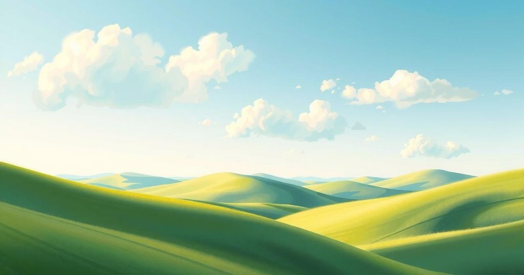A serene landscape with hills under a bright sky, evoking nostalgia and reflection.