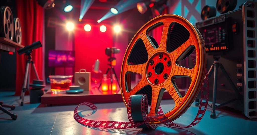 Vibrant film reel and Hollywood film set, showcasing scandalous stories in cinematic history.
