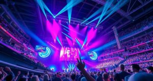 Concert scene at a stadium, vibrant lights and colourful visual effects creating an energetic atmosphere.