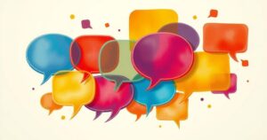 An abstract representation of gossip featuring colourful speech bubbles, intertwined in a dynamic flow.