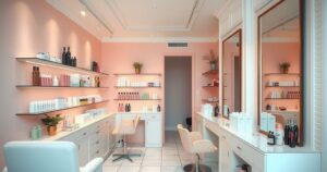 Elegant and serene salon setting with soft colours and stylish hair products, reflecting a calming and professional atmosphere.