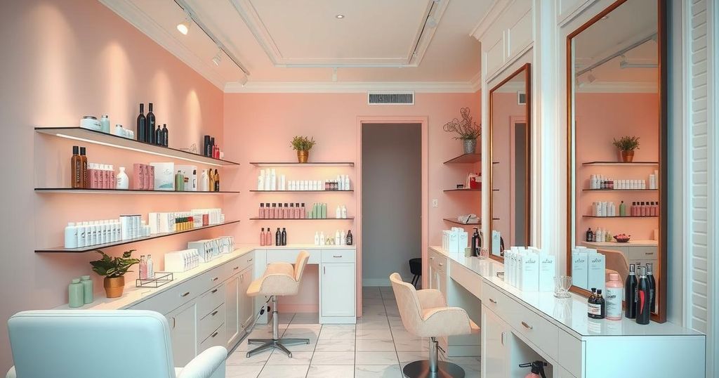 Elegant and serene salon setting with soft colours and stylish hair products, reflecting a calming and professional atmosphere.
