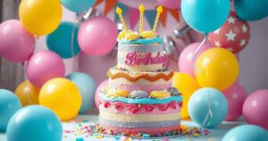 A vibrant celebration scene with balloons and a birthday cake, featuring pastel colours and whimsical decoration elements.
