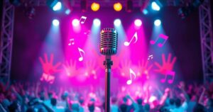A vibrant stage with musical notes and a microphone, surrounded by colourful lights representing a powerful performance.