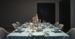 A solitary table set for an elegant dinner in muted tones, conveying a sense of isolation and introspection.