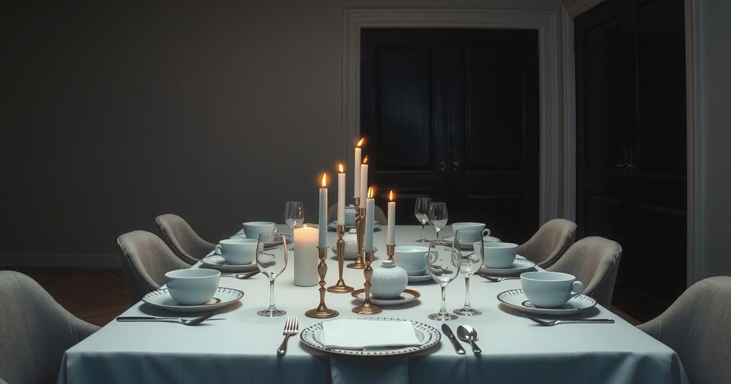 A solitary table set for an elegant dinner in muted tones, conveying a sense of isolation and introspection.