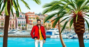 A romantic seaside getaway with colourful architecture and palm trees, featuring a red bomber jacket and sunny attire, evoking love.