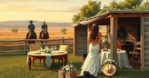 A cowboy-themed wedding scene with elegant decorations, horses, and rustic elements in warm tones.