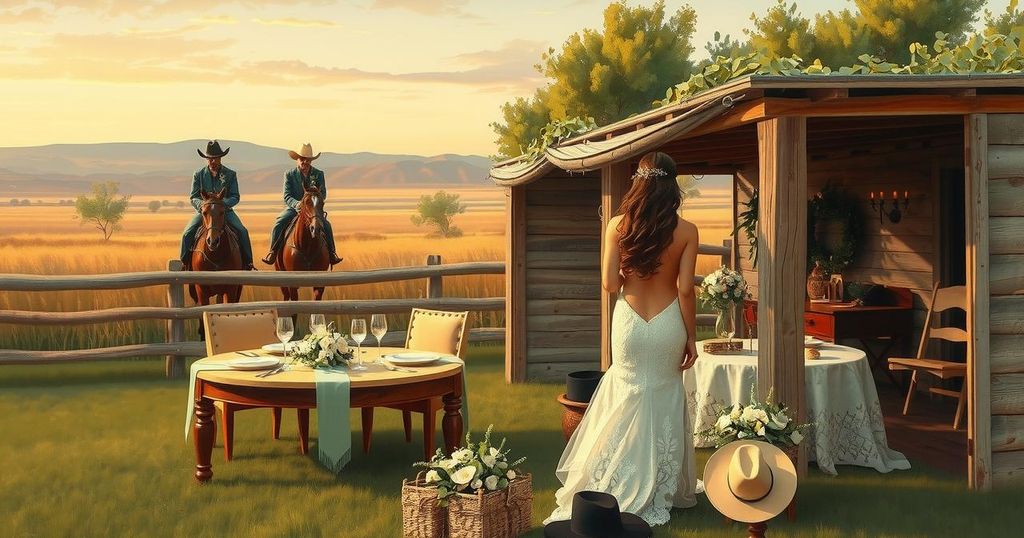 A cowboy-themed wedding scene with elegant decorations, horses, and rustic elements in warm tones.