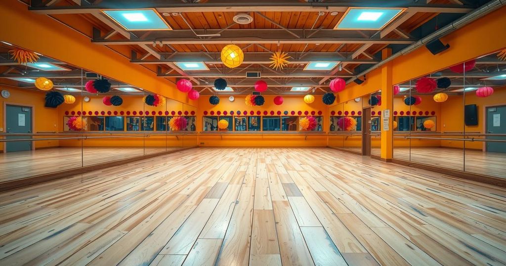 Vibrant dance studio with mirrors and bright lights, capturing the spirit of dance and creativity.