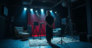 A darkened studio setting with film equipment, shadowy props, and a tense atmosphere, evoking a sense of unease.
