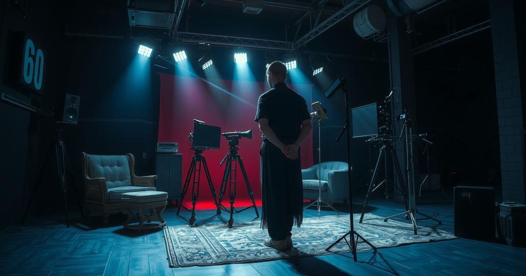 A darkened studio setting with film equipment, shadowy props, and a tense atmosphere, evoking a sense of unease.