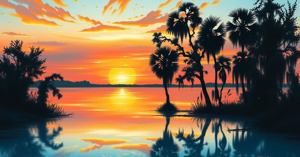 A serene sunset over a peaceful Louisiana landscape, showcasing warm oranges and calm blues, symbolising tranquility.