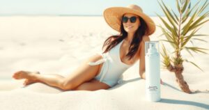 A white bikini set against a serene beach backdrop complements a large beauty product display, exuding freshness.