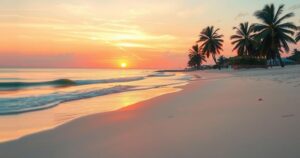 A serene beach at sunset, reflecting warm hues of orange and pink, symbolizing love and commitment.