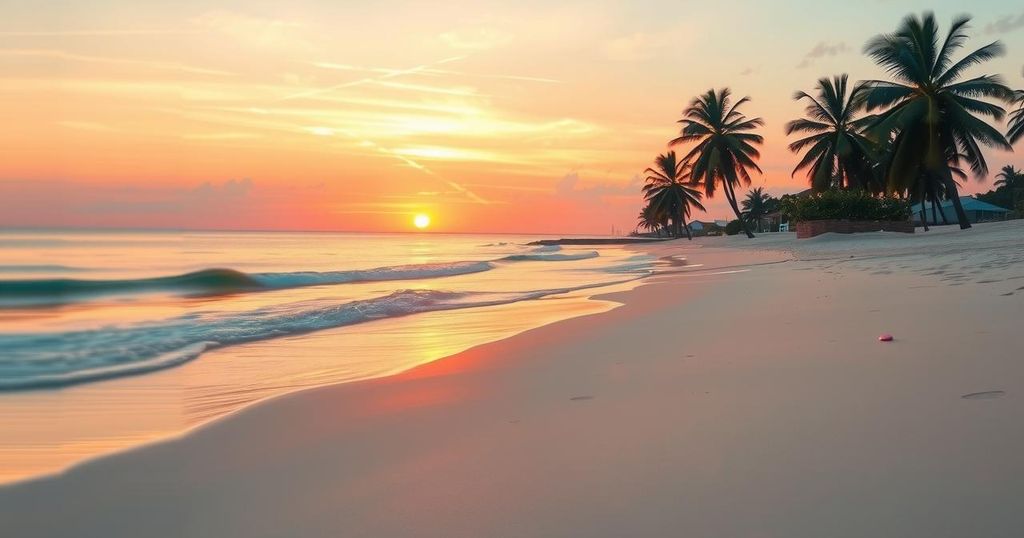 A serene beach at sunset, reflecting warm hues of orange and pink, symbolizing love and commitment.