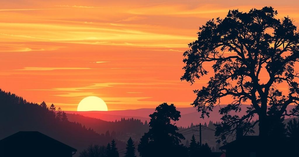 A serene landscape depicting a sunset over a quiet town, symbolising hope and new beginnings.
