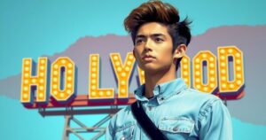 A young actor poised against a vibrant Hollywood backdrop, symbolising ambition and youthful creativity.