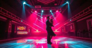 A silhouette of a dance floor, illuminated with vibrant lights, reflecting the glamour of a dance competition.