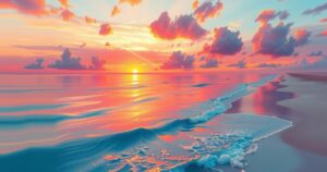 A beach scene depicting a calm ocean and sunset, representing new beginnings and reflection.
