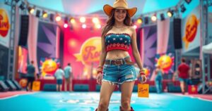 Western-themed outfit with cowboy boots and hat at a concert against a vibrant background.