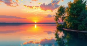 A vibrant sunset reflecting on a calm lake surrounded by trees, capturing a serene moment of nature.