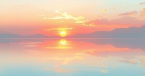 A serene landscape featuring a sunrise over a calm lake, symbolizing new beginnings with soft pastel colours.