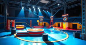 A still from a reality competition show set with dramatic lighting, featuring a group of competitive motifs and challenges.