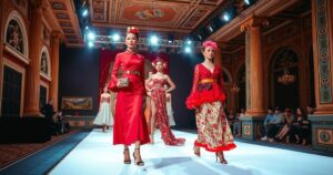 Chanel fashion show scene with models showcasing haute couture creations in an elegant Parisian setting.