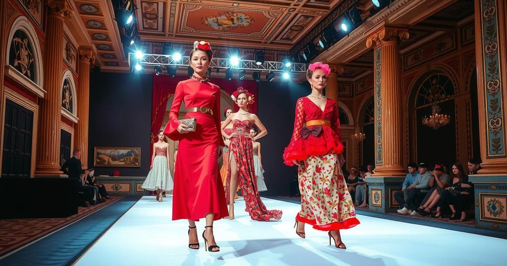 Chanel fashion show scene with models showcasing haute couture creations in an elegant Parisian setting.