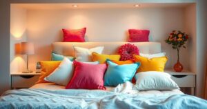 Animated scene of a colourful and fun bedroom setting filled with pillows, showcasing intimacy and warmth.