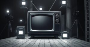 A vintage television set displaying a static screen, surrounded by paparazzi camera flashes, symbolising media scrutiny.
