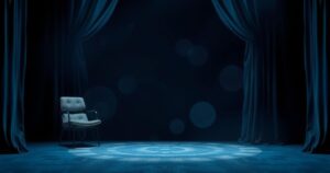 A darkened, abstract theatre stage with subtle lighting creating a dramatic atmosphere, evoking a sense of intrigue.